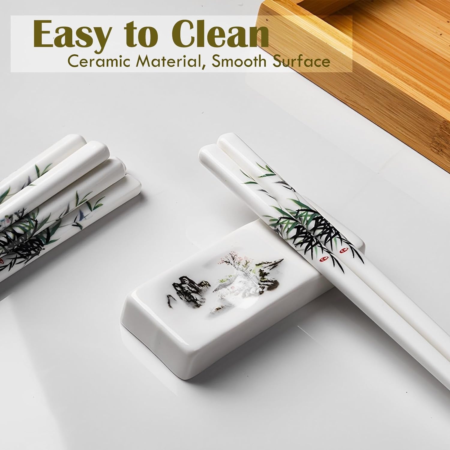 Ceramic Chopsticks 5 Pairs Reusable Chopsticks Dishwasher Safe Great Replacement of Metal Chopsticks and Wooden Chopsticks, 9.7-Inch (Green Bamboo)