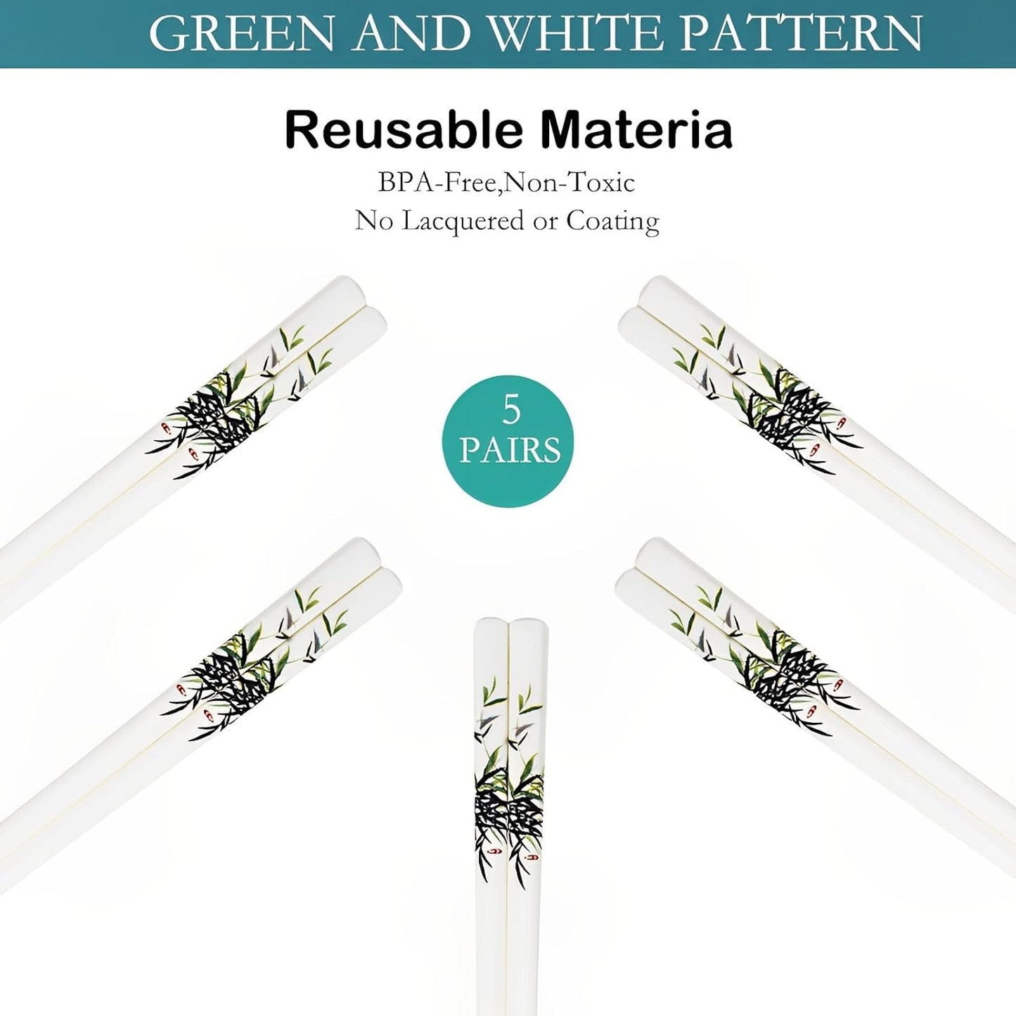 Ceramic Chopsticks 5 Pairs Reusable Chopsticks Dishwasher Safe Great Replacement of Metal Chopsticks and Wooden Chopsticks, 9.7-Inch (Green Bamboo)