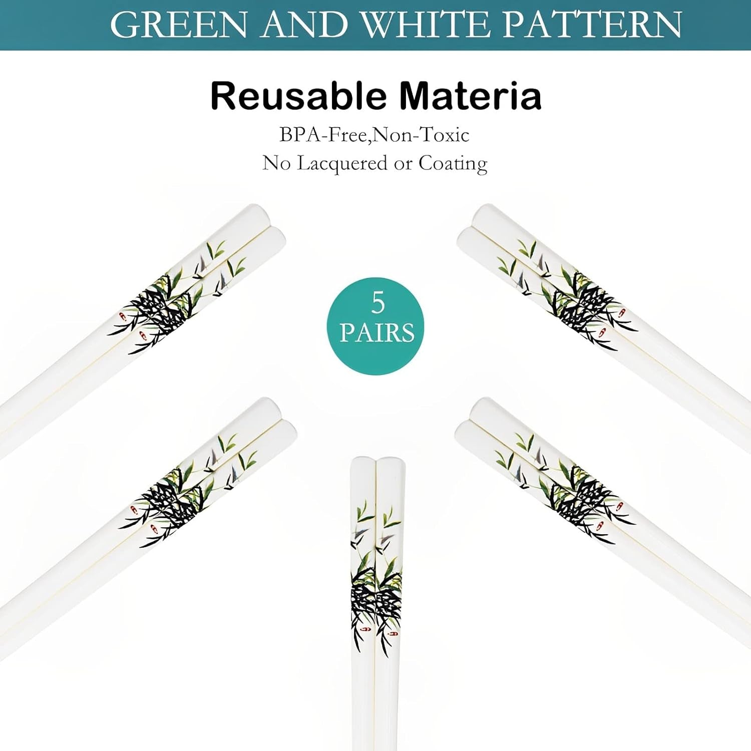 Ceramic Chopsticks 5 Pairs Reusable Chopsticks Dishwasher Safe Great Replacement of Metal Chopsticks and Wooden Chopsticks, 9.7-Inch (Green Bamboo)