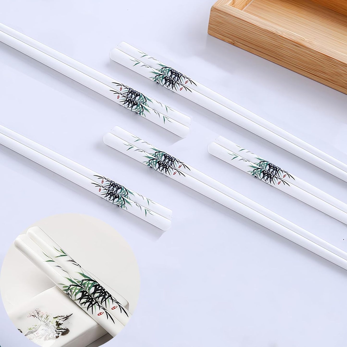 Ceramic Chopsticks 5 Pairs Reusable Chopsticks Dishwasher Safe Great Replacement of Metal Chopsticks and Wooden Chopsticks, 9.7-Inch (Green Bamboo)