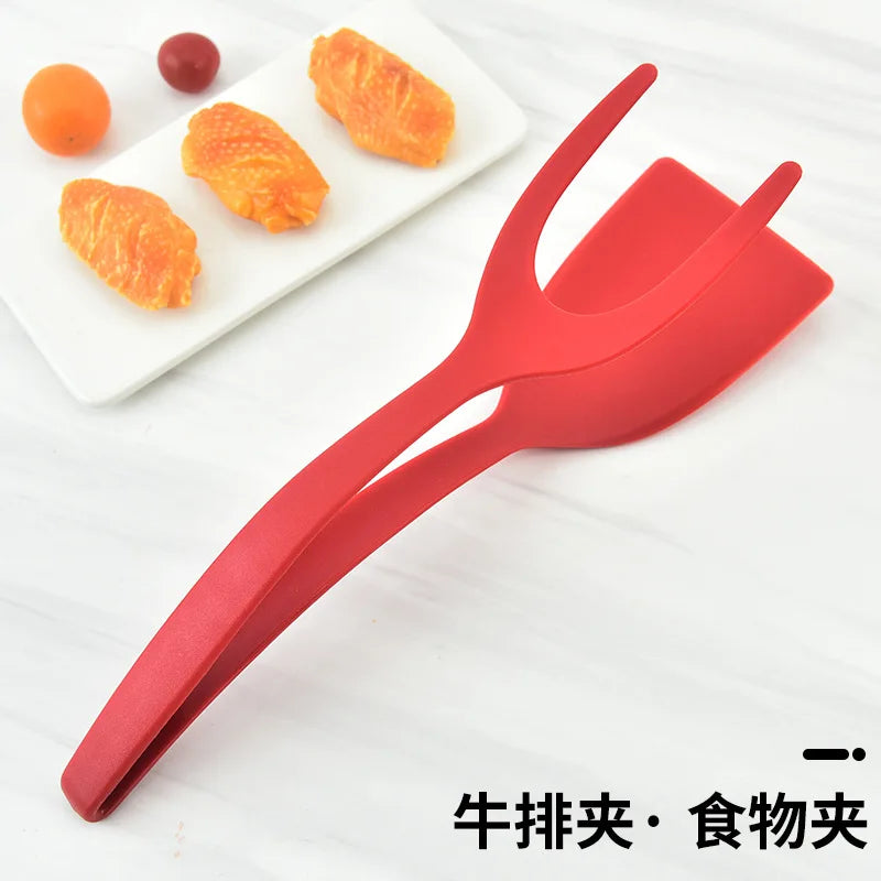 2 in 1 Nylon Grip Flip Tongs Egg Spatula Tongs Steak Spatula Tongs Clamp Pancake Fried Turners Kitchen Accessories