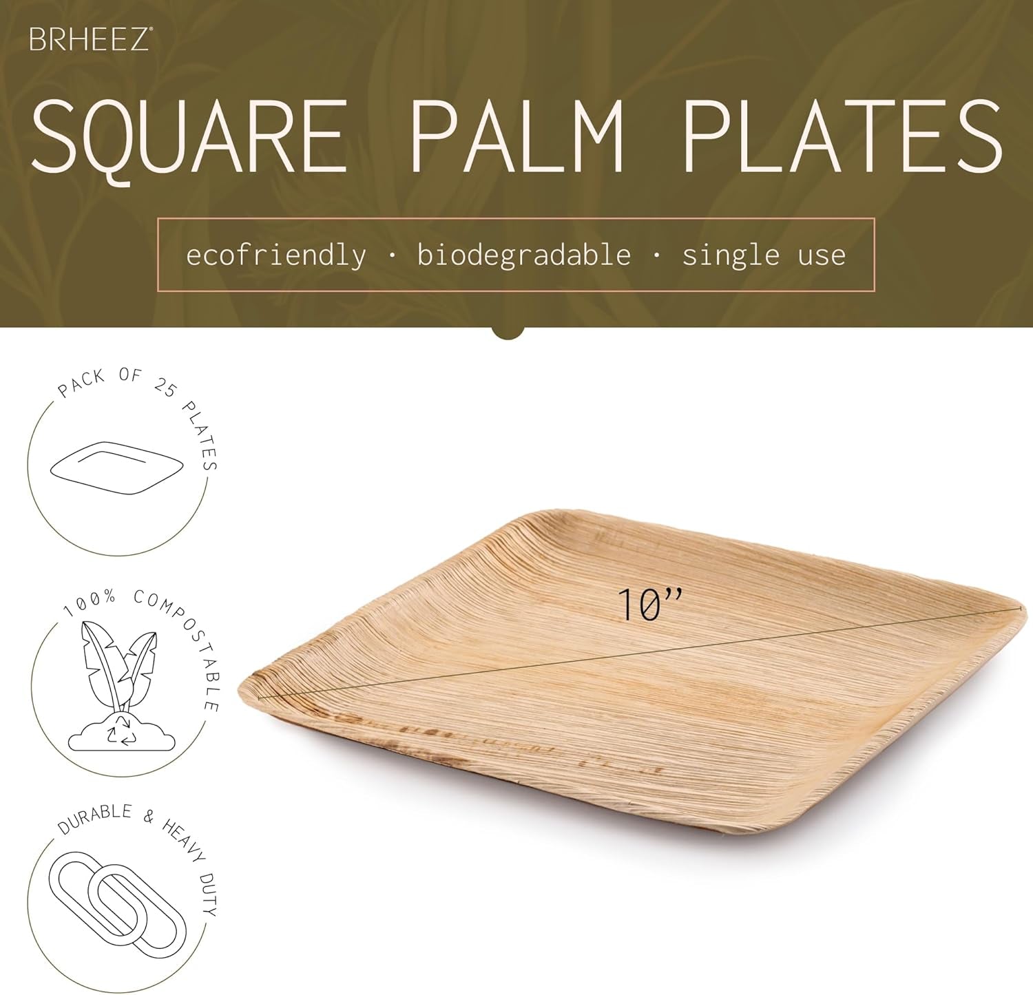 "25 Eco-Friendly Bamboo Palm Leaf Plates – 10 Inch Heavy Duty, Compostable & Biodegradable Disposable Party Plates – Better for the Environment than Paper!"
