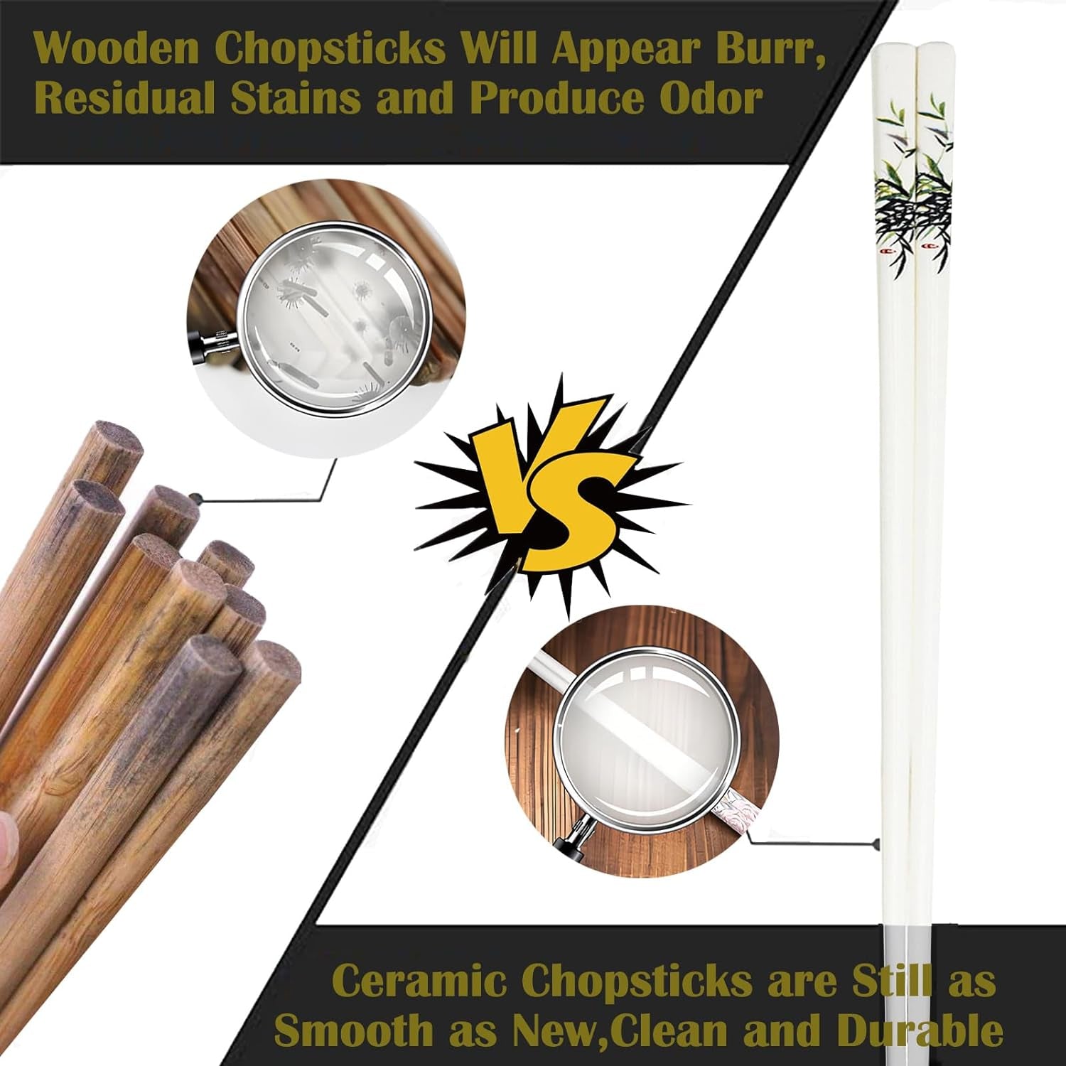 Ceramic Chopsticks 5 Pairs Reusable Chopsticks Dishwasher Safe Great Replacement of Metal Chopsticks and Wooden Chopsticks, 9.7-Inch (Green Bamboo)