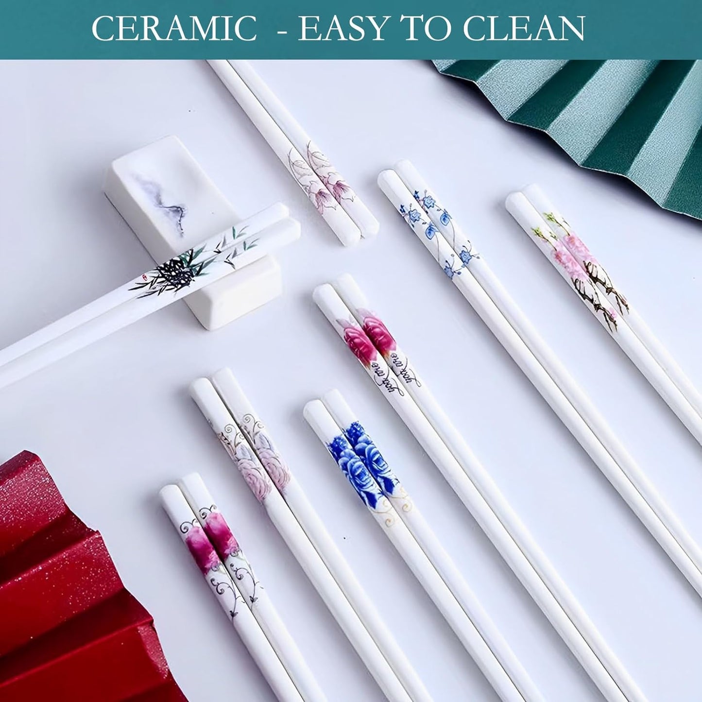 Ceramic Chopsticks 5 Pairs Reusable Chopsticks Dishwasher Safe Great Replacement of Metal Chopsticks and Wooden Chopsticks, 9.7-Inch (Green Bamboo)