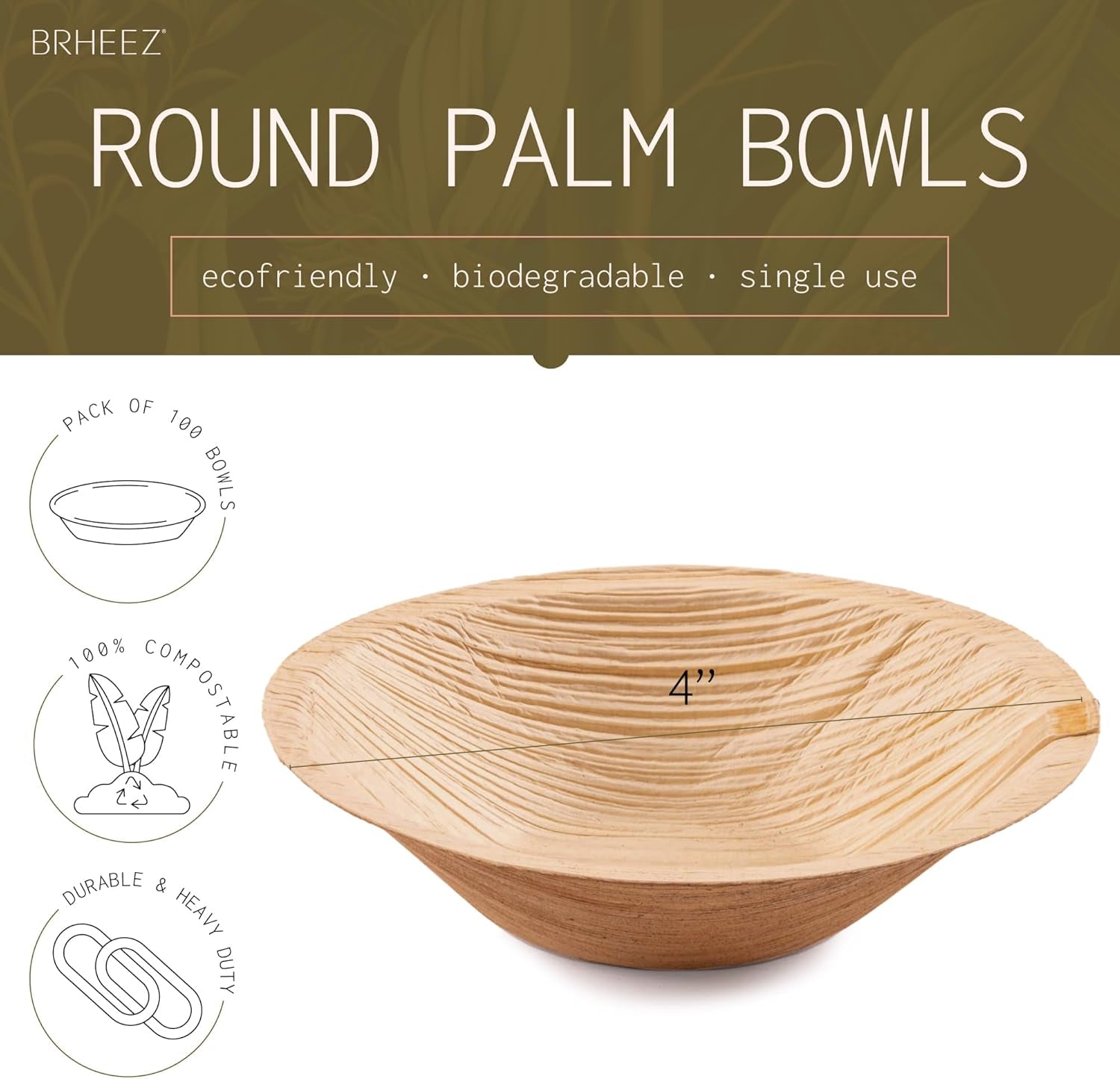  100 Eco-Friendly Bamboo Palm Leaf Plates- 4 Inch Heavy Duty, Compostable & Biodegradable Disposable Party Plates