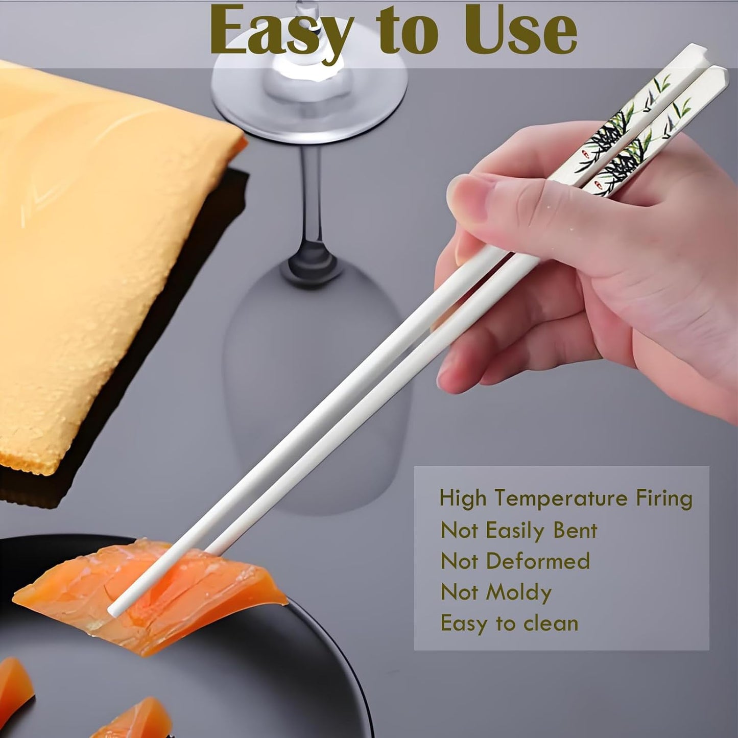 Ceramic Chopsticks 5 Pairs Reusable Chopsticks Dishwasher Safe Great Replacement of Metal Chopsticks and Wooden Chopsticks, 9.7-Inch (Green Bamboo)